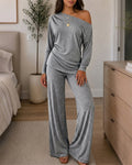 Women's 2 Piece Outfits Skew Neck Ruched Asymmetric Hem Top and Wide Leg Pants Set Casual Lounge Set