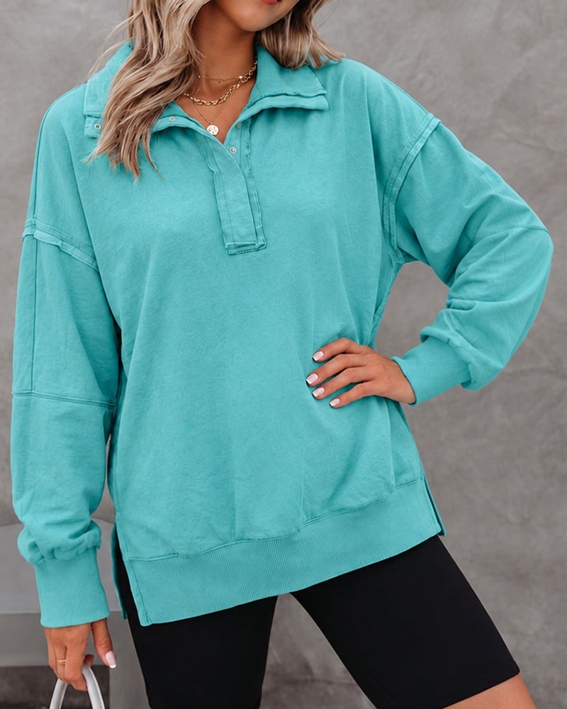 Half Snap Button Front Drop Shoulder Batwing Sleeve Sweatshirt Loose Fit Side Slit High-Low Hem Casual Top