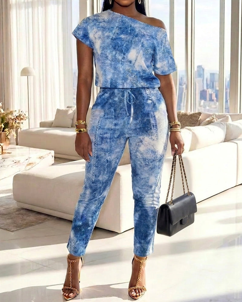 Damen-Jumpsuit in Denim-Optik mit schrägem Ausschnitt, kurzen Ärmeln, Kordelzug in der Taille und schmaler Passform
