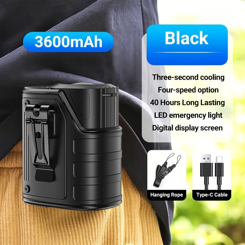 Outdoor Camping and Hiking: Portable Waist Fan with Flashlight and Power Bank for Sports EDC