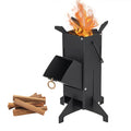 Black Rocket Stove with Detachable Side Feed Door, Four-Leg Base and Wood or Charcoal Fuel Configuration