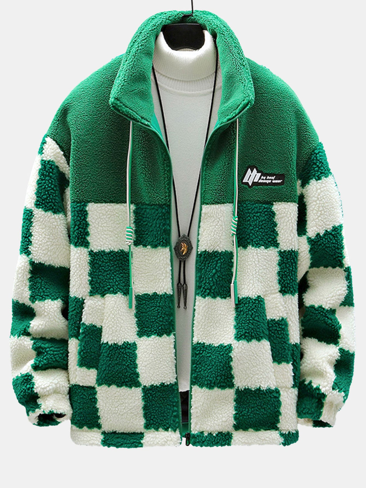 Teddy Fleece Checkerboard Stand Collar Jacket