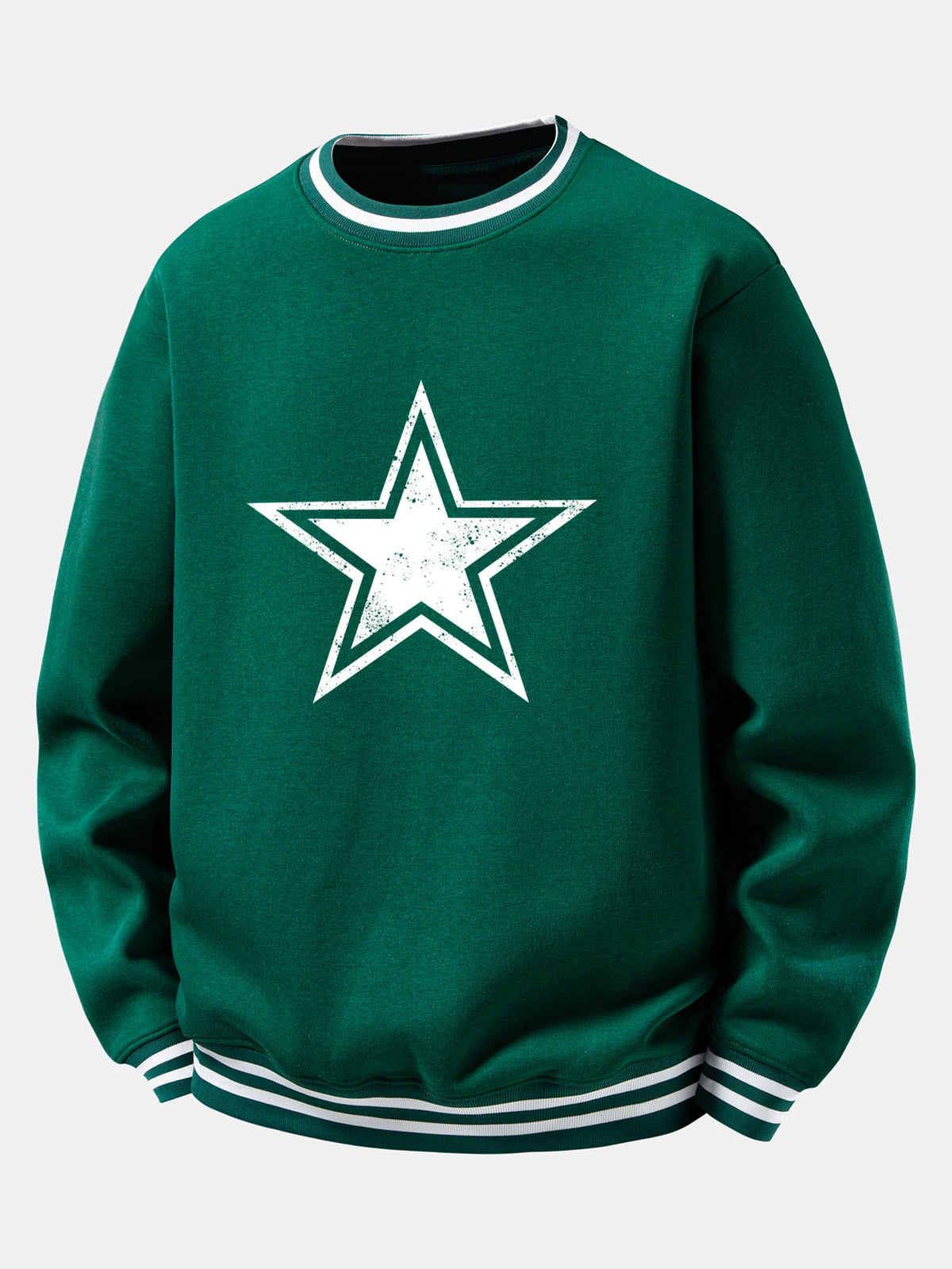 Star Print Striped Ribbed Trim Crew Neck Sweatshirt