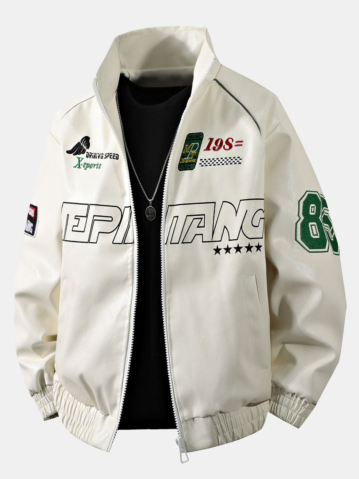 Fleece Lined Embroidery Leather Racing Jacket