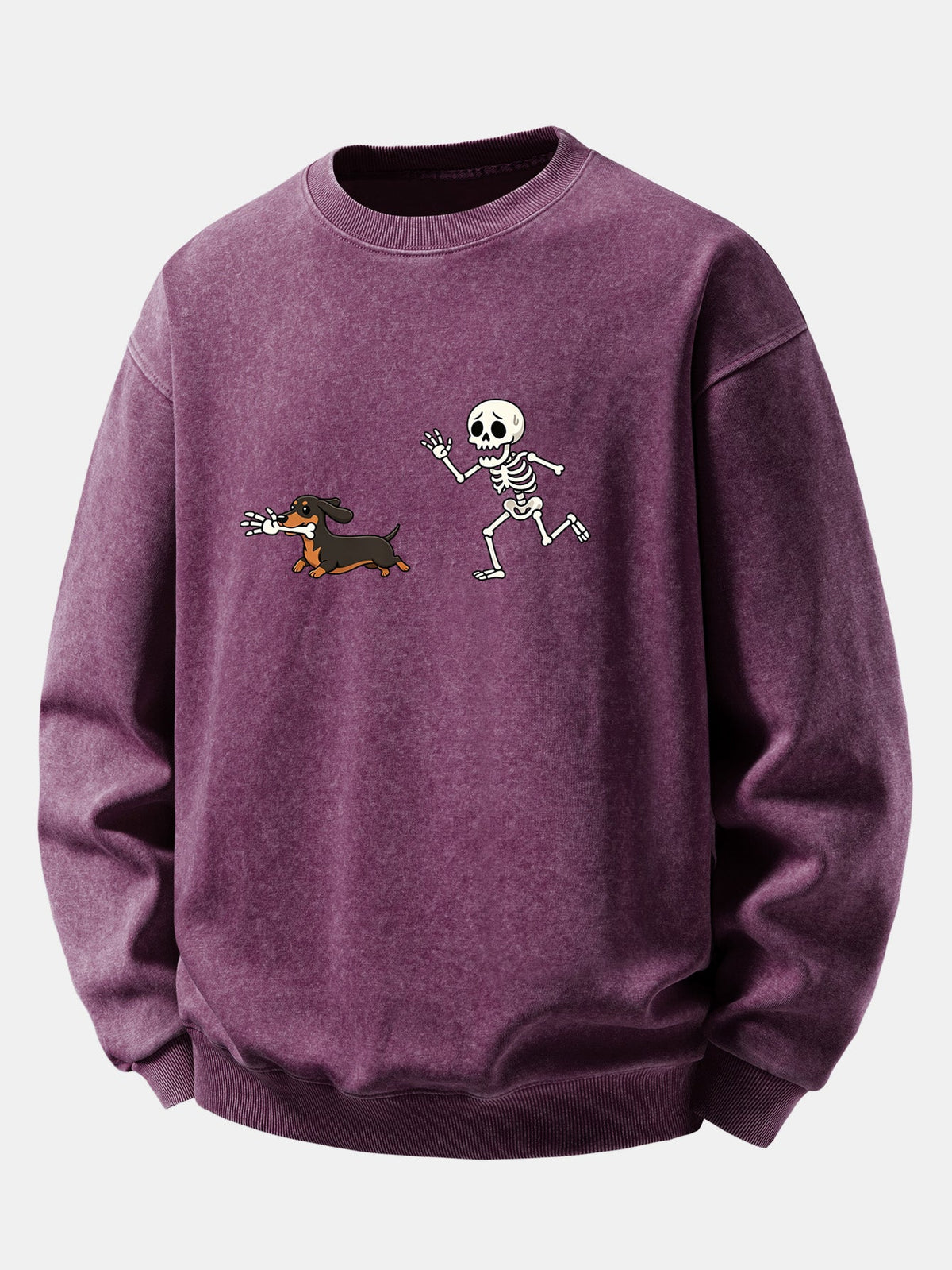 Relaxed Fit Skeleton Chasing Dachshund Print Washed Distressed Sweatshirt