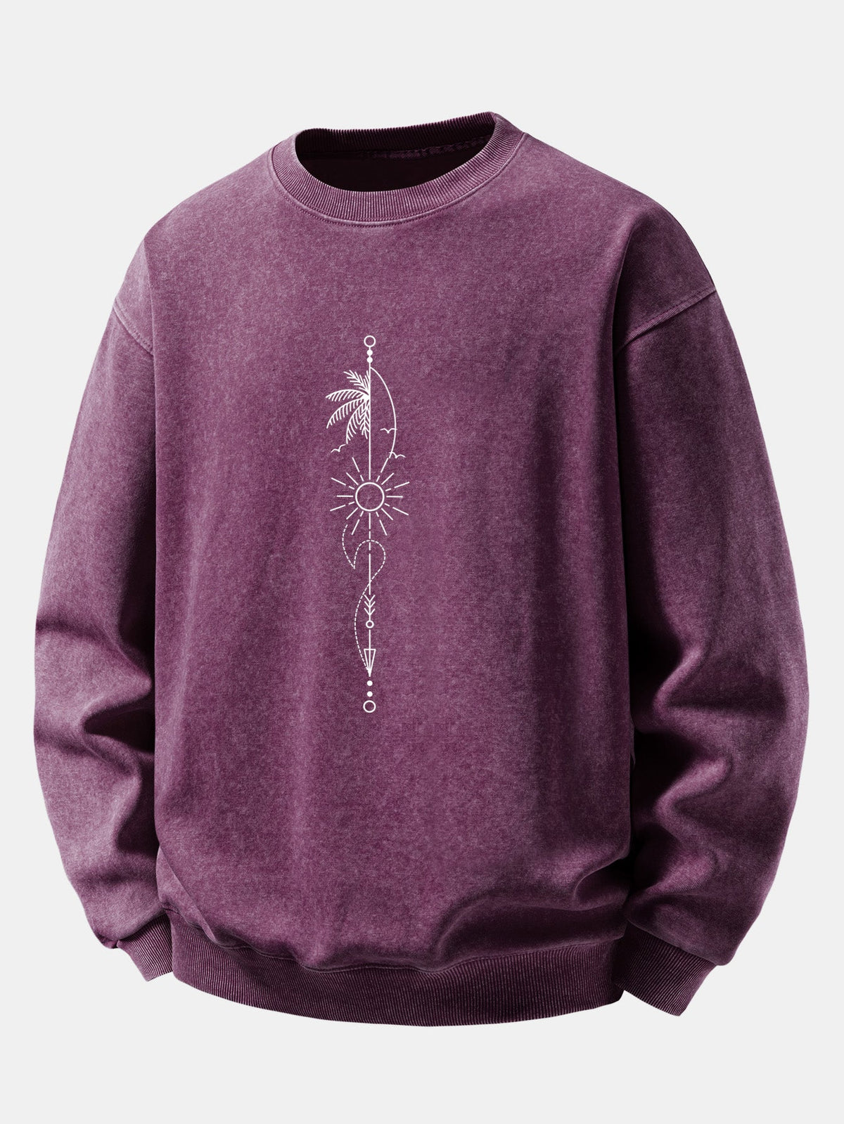 Relaxed Fit Sun Palm Tree Arrow Print Washed Distressed Sweatshirt