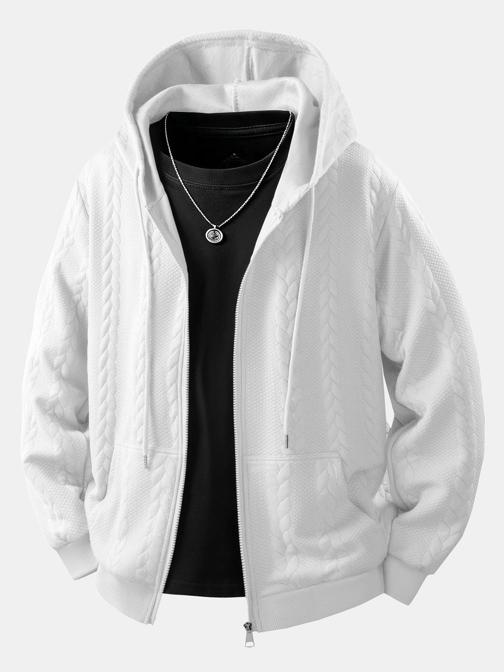 Cable Jacquard Zip-Up Hooded Jacket