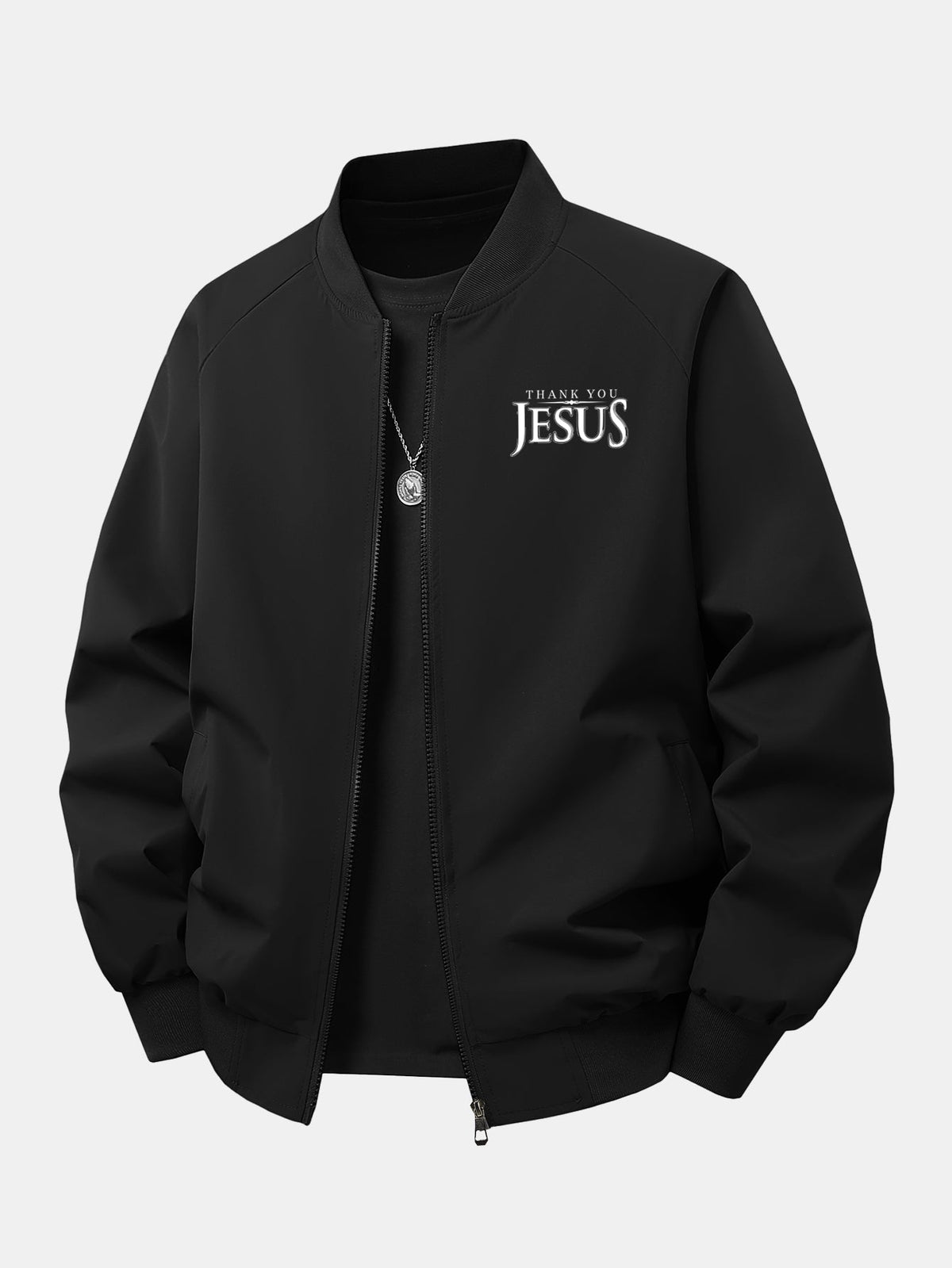 Relax Fit Jesus Print Zip-Up Bomber Jacket