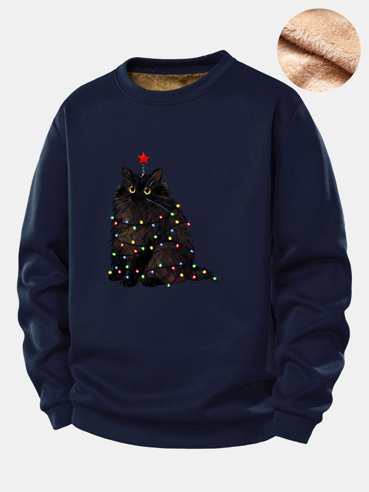 Christmas Lights Black Cat Print Teddy Fleece Lined Sweatshirt