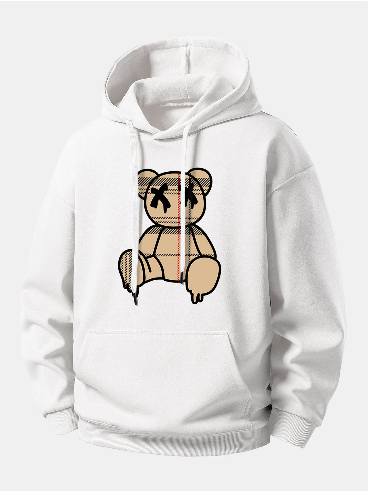 Plaid Pattern Dissolving Bear Print Relax Fit Hoodie