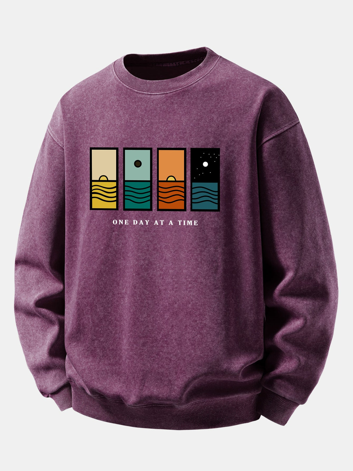 Relaxed Fit One Day At A Time Print Washed Distressed Sweatshirt