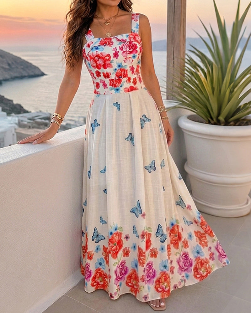 Damen-Maxikleid mit Blumen-Schmetterlings-Print, Camisole-Trägern, gesmoktem Rücken, ärmellos, für Urlaub, Freizeit und Strand