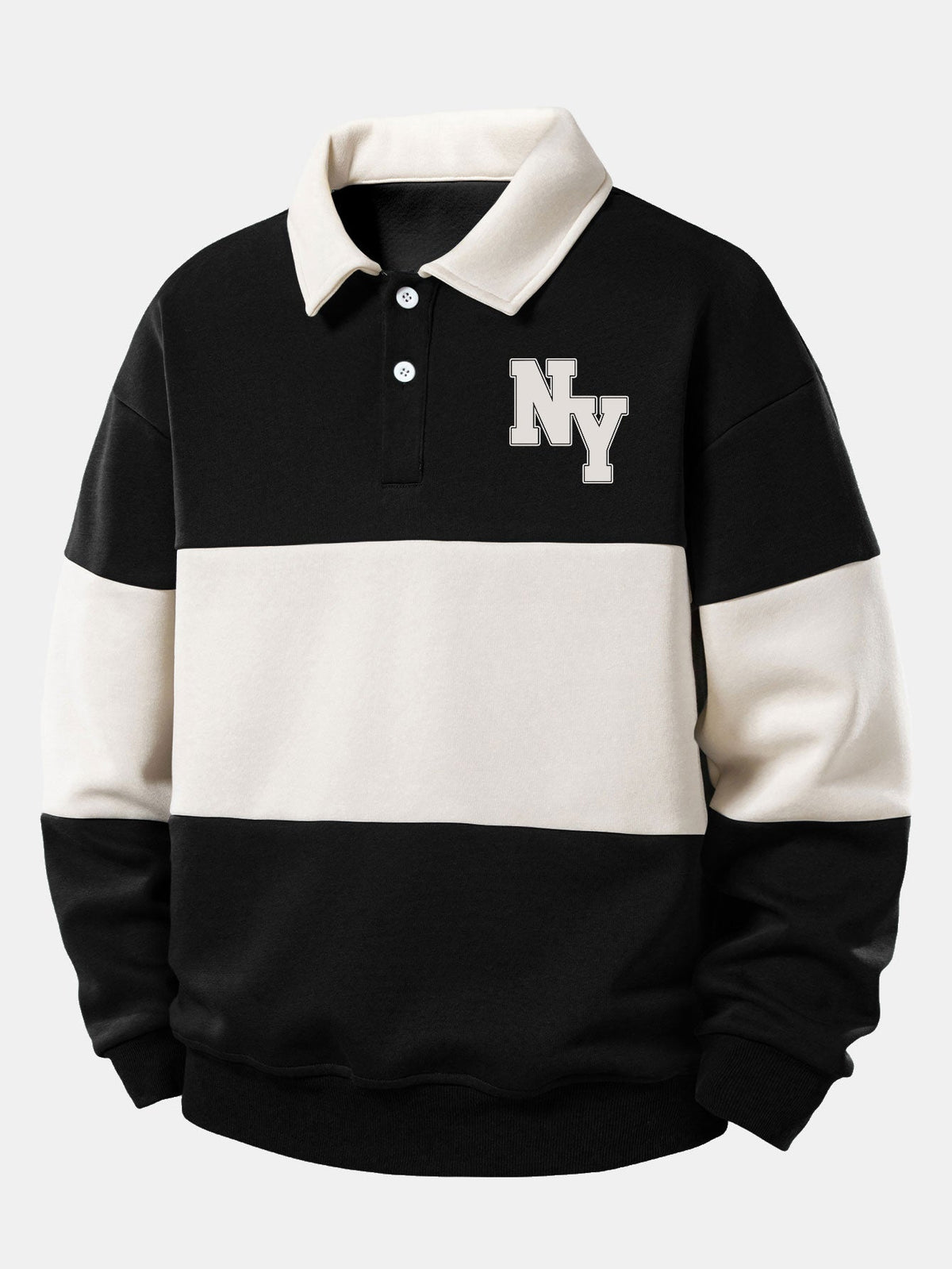 Relax Fit NY Print Color Block Polo Collar Sweatshirt