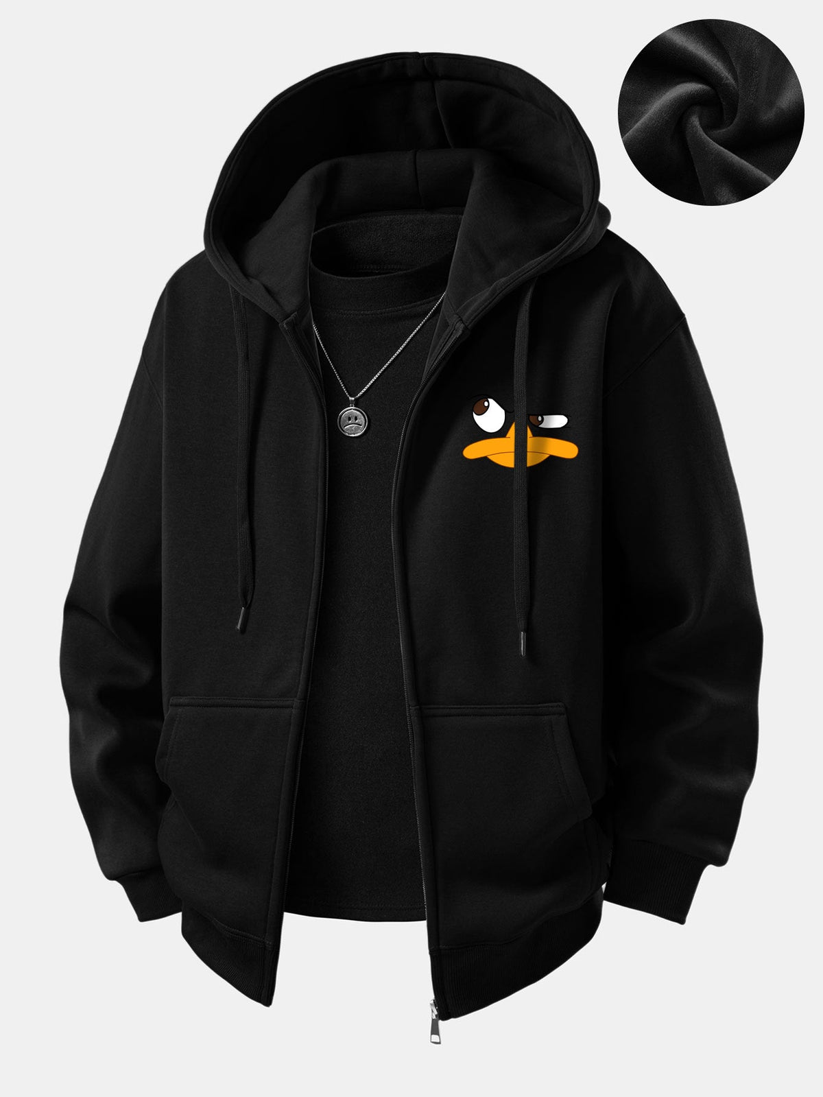 Emoji Duck Print Plush Fleece Lined Zip-Up Hoodie