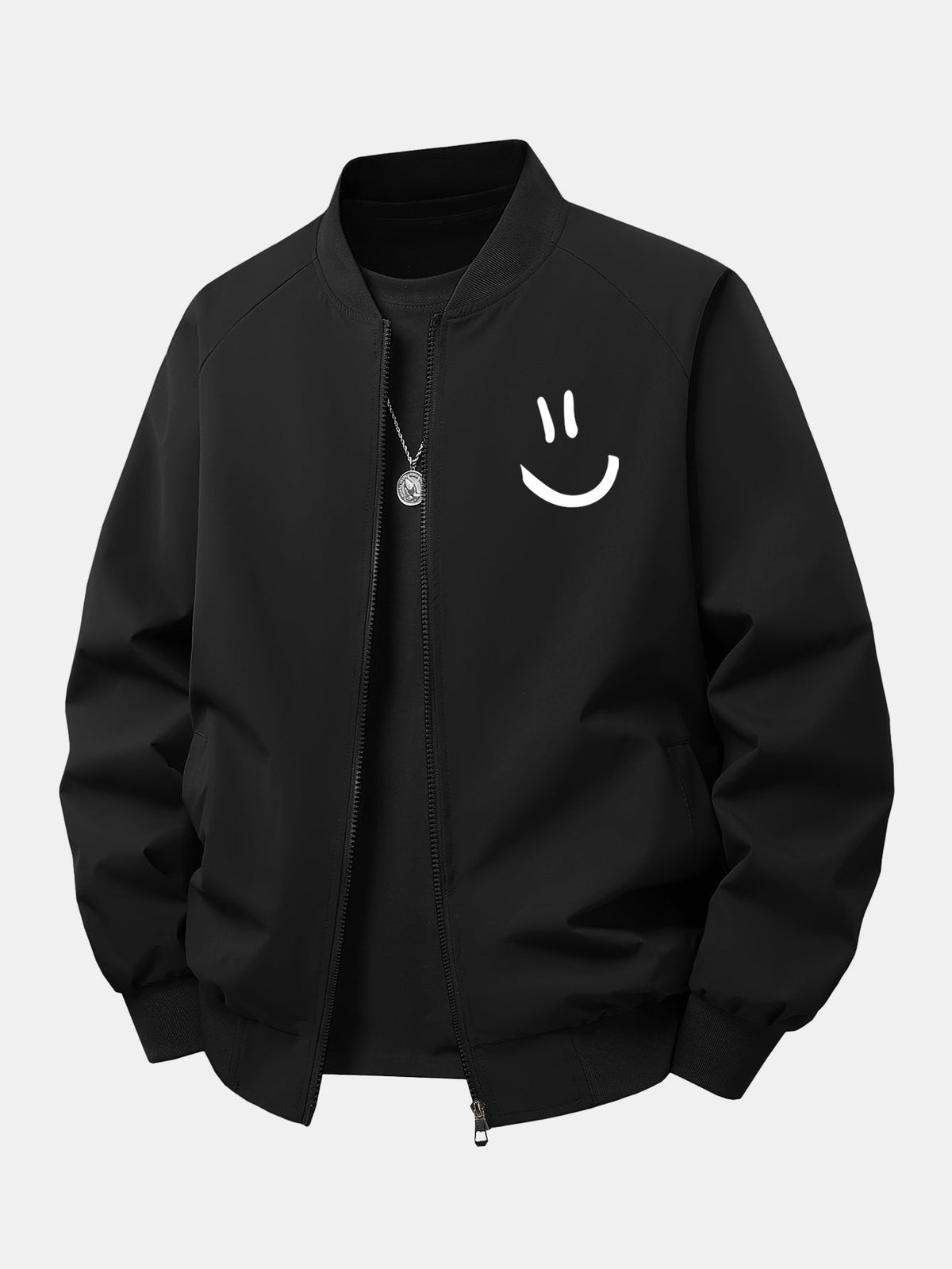Relax Fit Smiley Face Print Zip-Up Bomber Jacket
