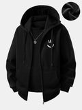 Smiley Face Print Plush Fleece Lined Zip-Up Hoodie