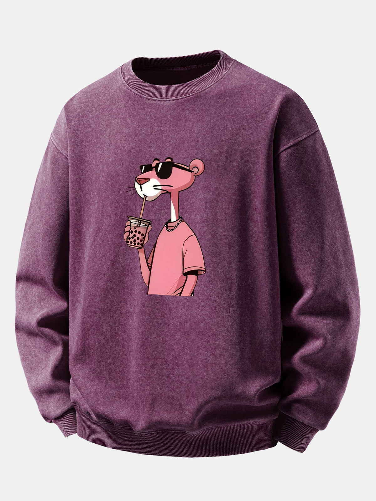 Relaxed Fit Pink Panther Print Washed Distressed Sweatshirt