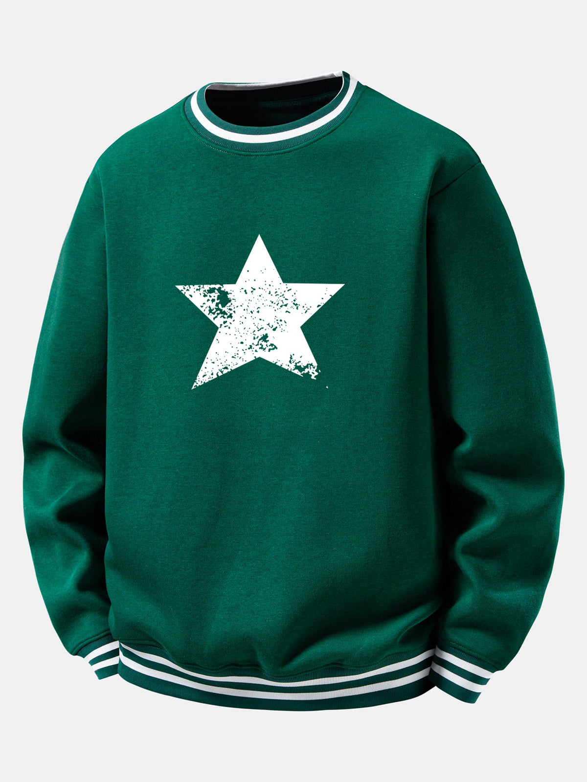 Star Print Striped Ribbed Trim Crew Neck Sweatshirt