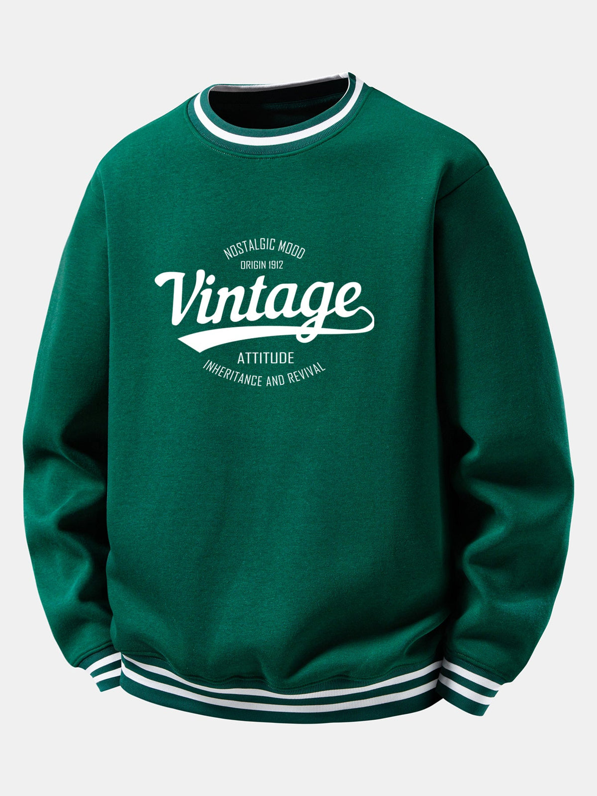 Vintage Print Striped Ribbed Trim Crew Neck Sweatshirt