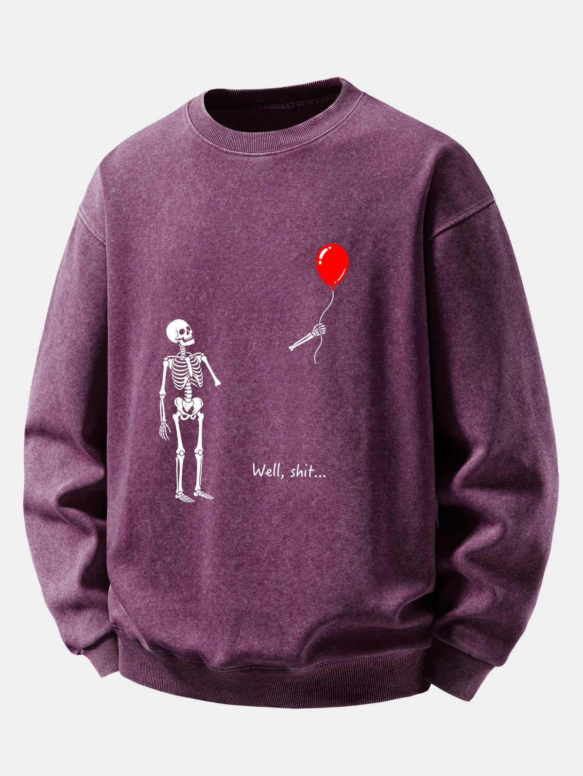 Relaxed Fit Funny Skeleton Balloon Print Washed Distressed Sweatshirt