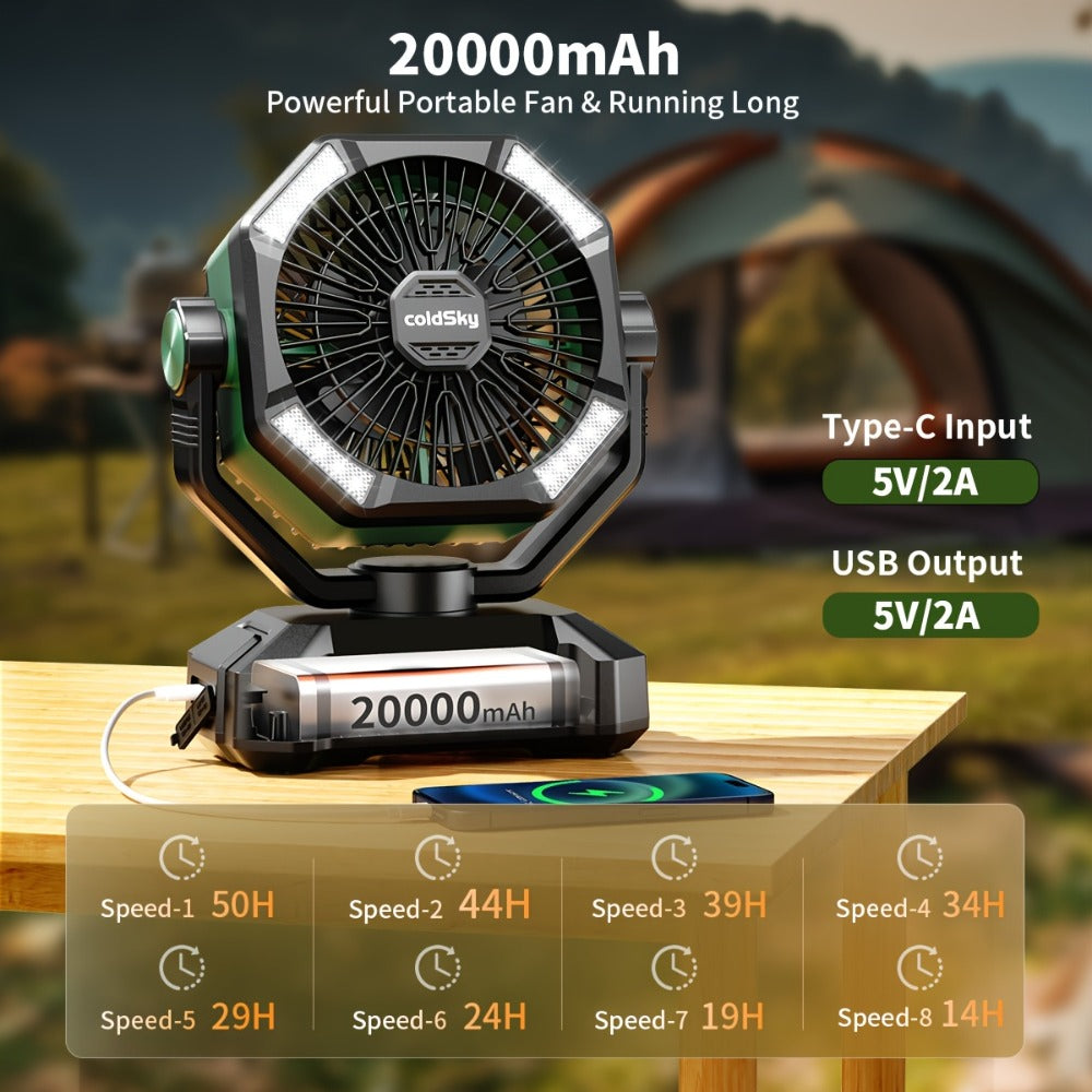 Camping Fan Battery Powered 20000mAh, Dual Motor 8-Speed Portable Tent Fan with Remote Control, 4 LED Lanterns and Hanging Hook