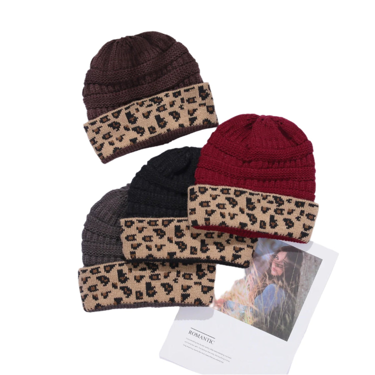 Trieber Strickmütze mit Leopardenmuster und Umschlag – Polyacryl, Einheitsgröße, 9 Farben