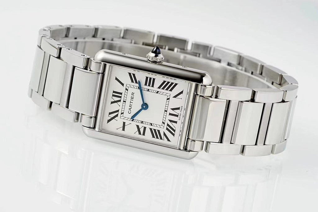 Cartier Tank – Steel White Roman Numeral Dial Blue Sword Hands Sapphire Crown Steel Bracelet