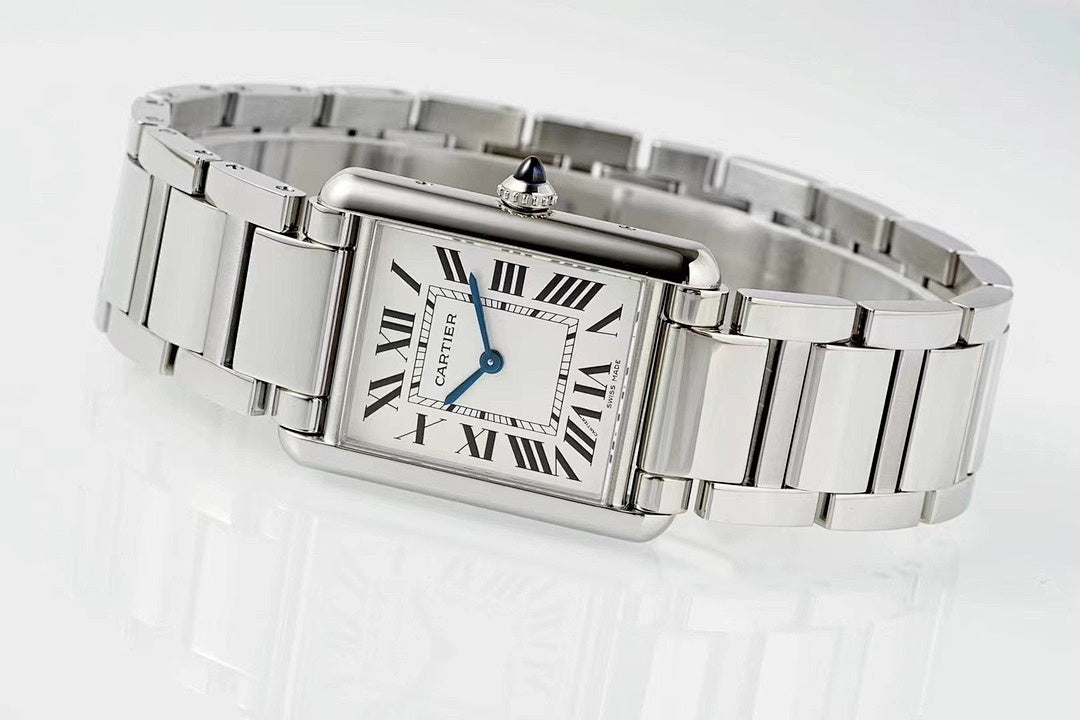 Cartier Tank – Steel White Roman Numeral Dial Blue Sword Hands Sapphire Crown Steel Bracelet