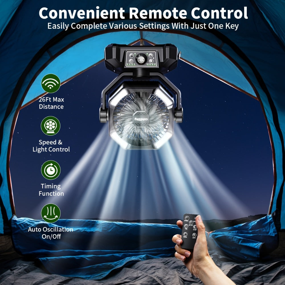 Camping Fan, 20000mAh Dual Motor High-Velocity, 8-Speed Remote Control 4 LED Lanterns and Tent Hook