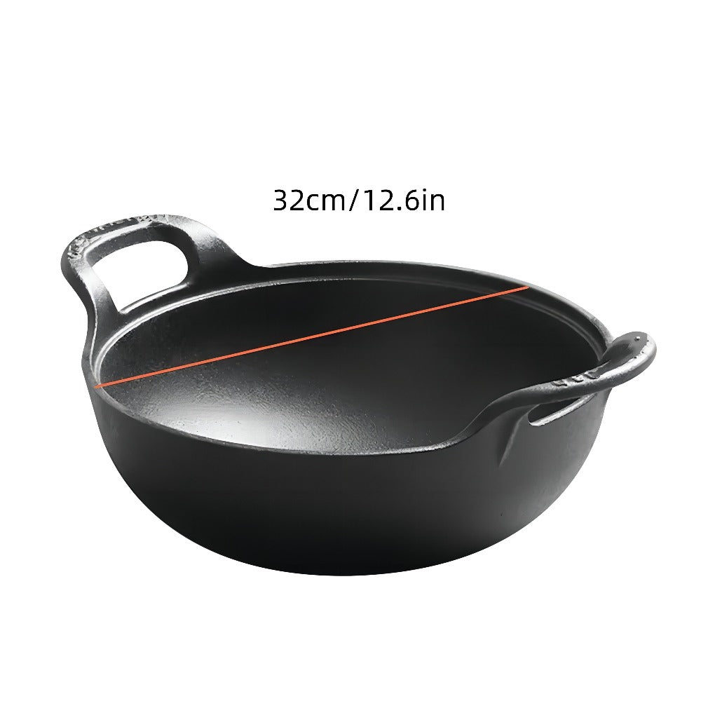Cast Iron Wok Skillet Non-Stick Deep Stir Fry Pan with Dual Handles - Uncoated Traditional for Home Cooking, Dining and Outdoor Meals