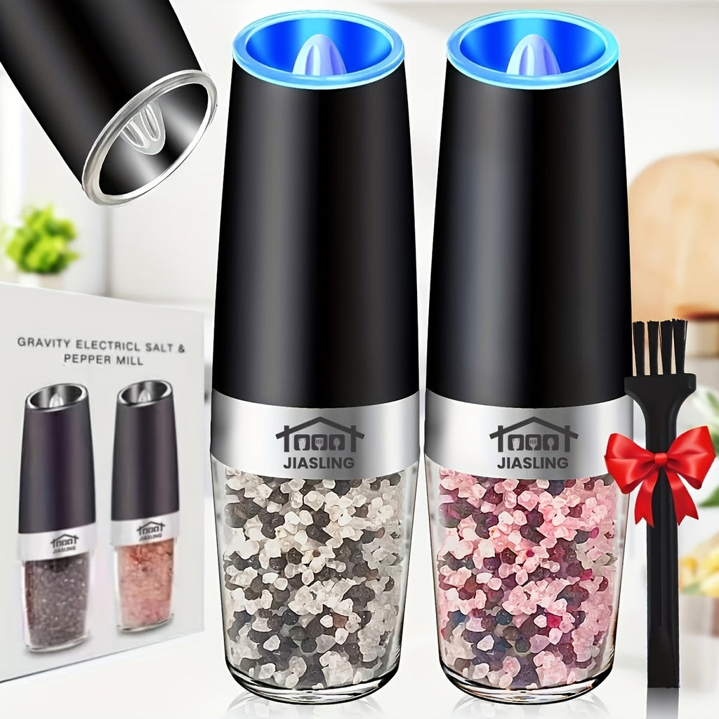 Electric Salt and Pepper Grinder Set 2PCS, Battery-Powered, LED Light, One-Handed Operation, Adjustable Coarseness