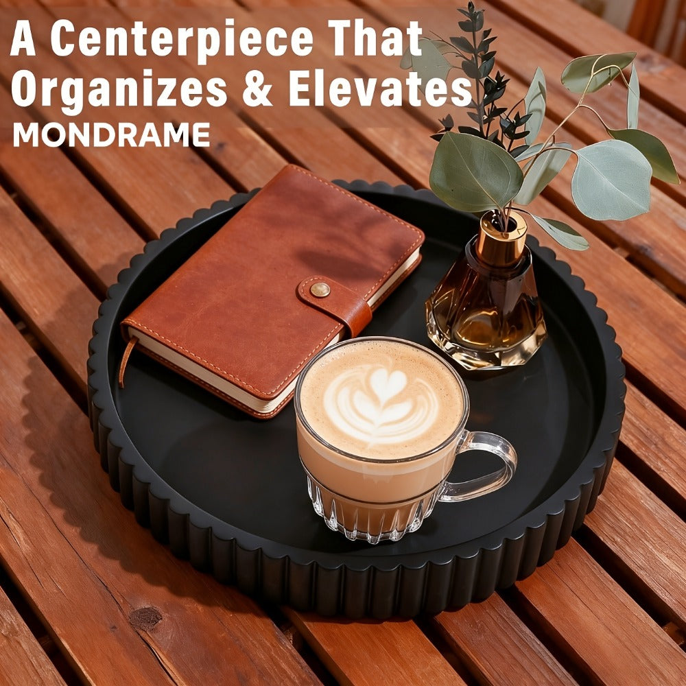 Wood Decorative Tray for Coffee Table 11 Inch Round Boho Serving Tray Wooden Centerpiece for Home Cooking, Dining and Outdoor Meals