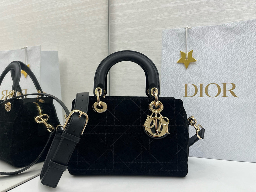 Dior Lady D-Joy Bag Small – Black Velvet Cannage Gold Hardware CD Charm