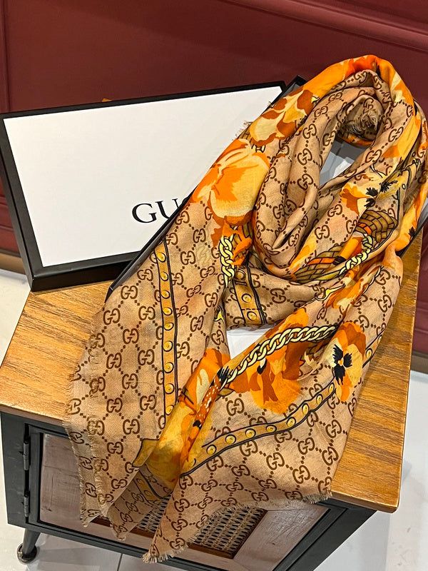 Gucci GG Monogram Floral Chain Print Scarf – Camel & Orange
