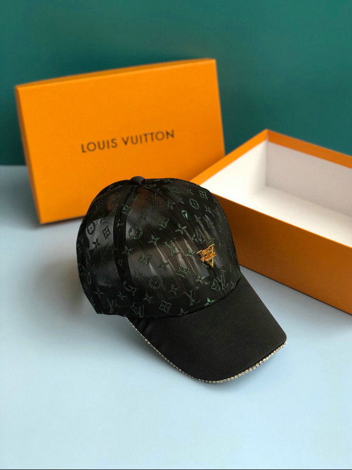 Luxury Black Monogram Mesh Baseball Cap with Crystal Brim & Gold Logo Charm