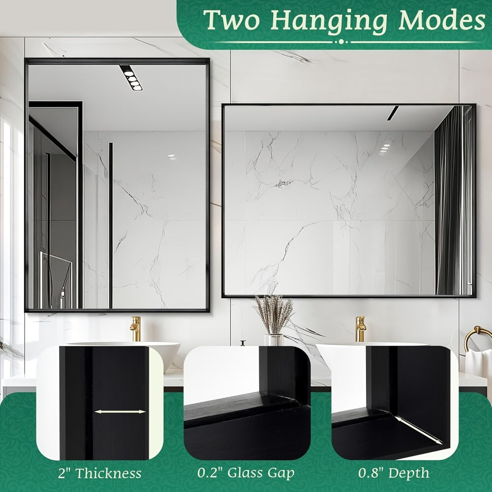 Bathroom Mirror with Rectangular Metal Frame, Horizontal or Vertical Wall Mounting in Three Finishes
