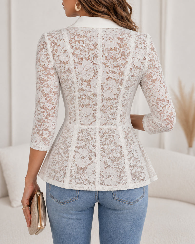 Eleganter Damen-Blazer mit Spitzen-Patchwork, Schalkragen, Schößchen, einreihiger Knopfleiste und Dreiviertelarm