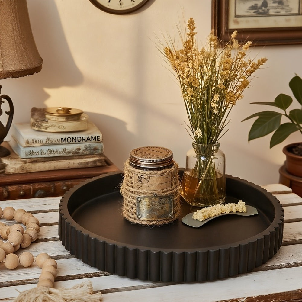 Wood Decorative Tray for Coffee Table 11 Inch Round Boho Serving Tray Wooden Centerpiece for Home Cooking, Dining and Outdoor Meals