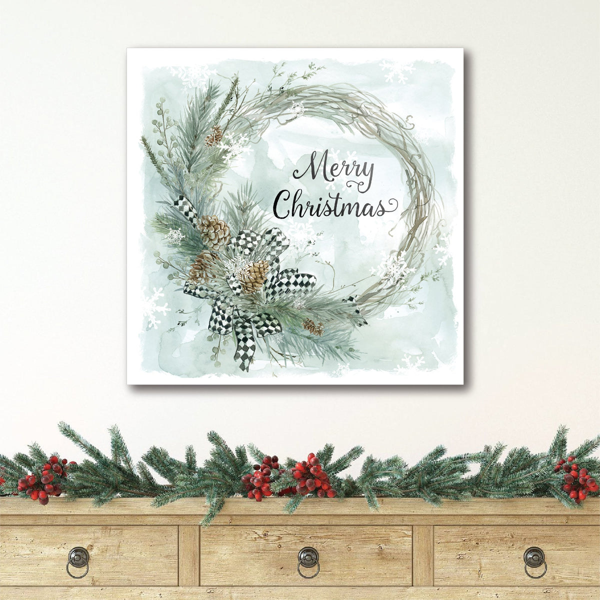 Merry Christmas Pine Wreath Gallery-Wrapped Canvas Wall Art