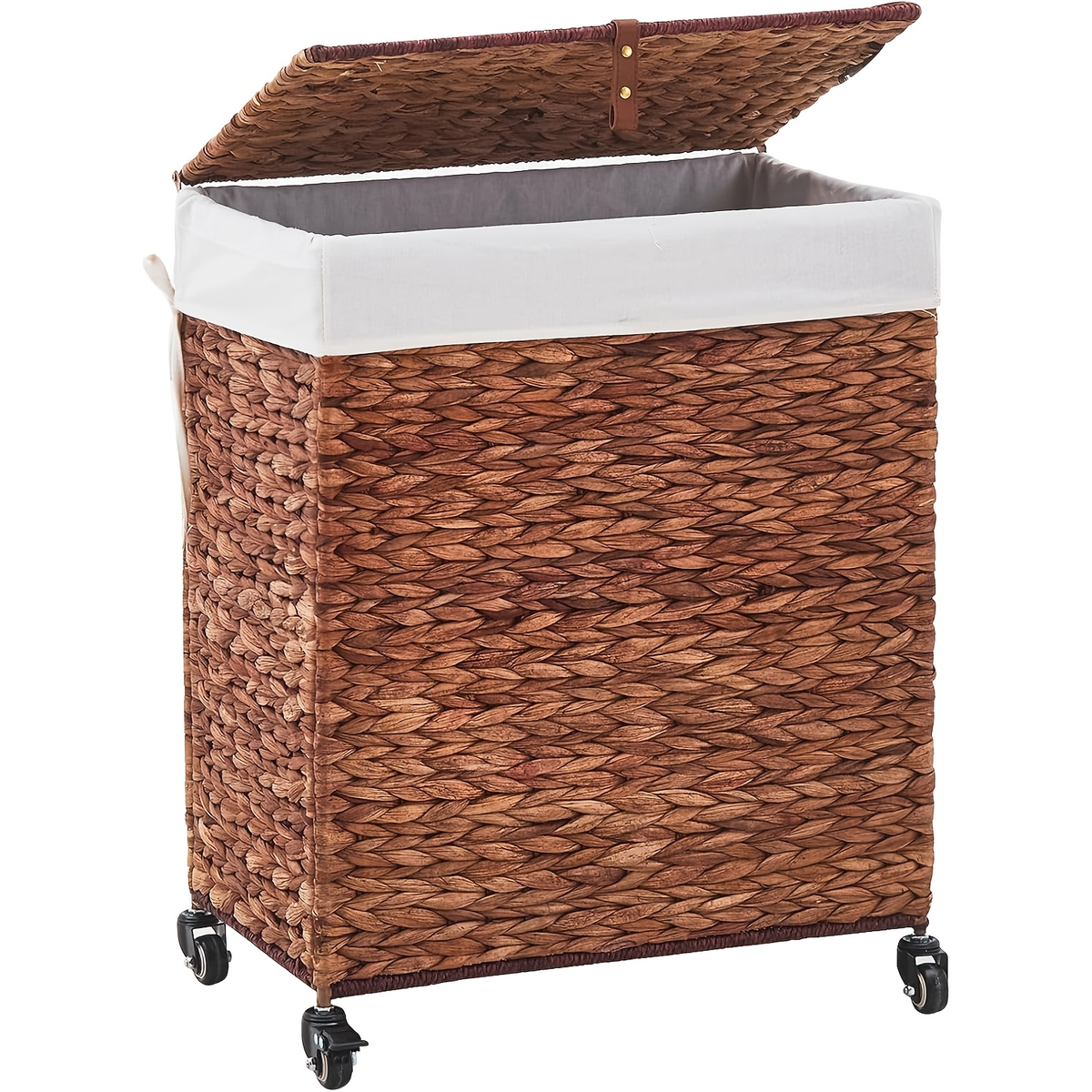 Laundry Basket with Lid & Handles - Handwoven Water Hyacinth Wicker Hamper, Removable Cotton Liner