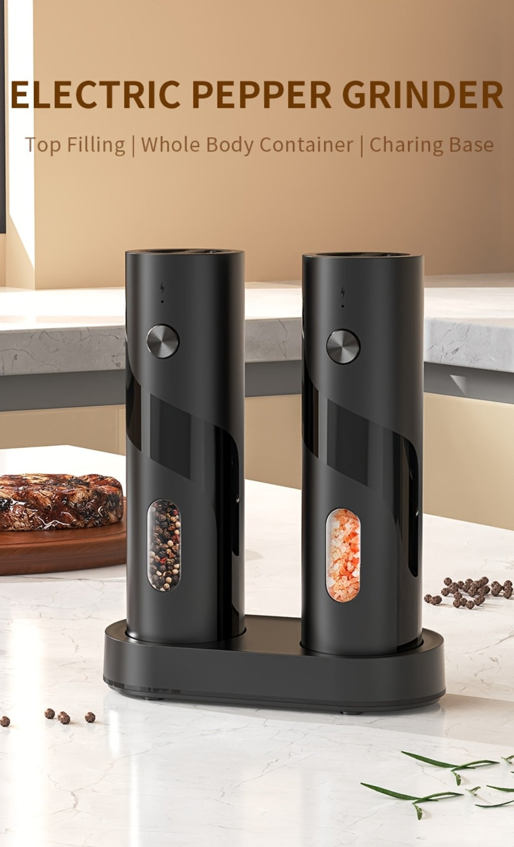 Electric Salt and Pepper Grinder Set with LED Light & Gravity Sensor, USB Rechargeable, Top-Fill