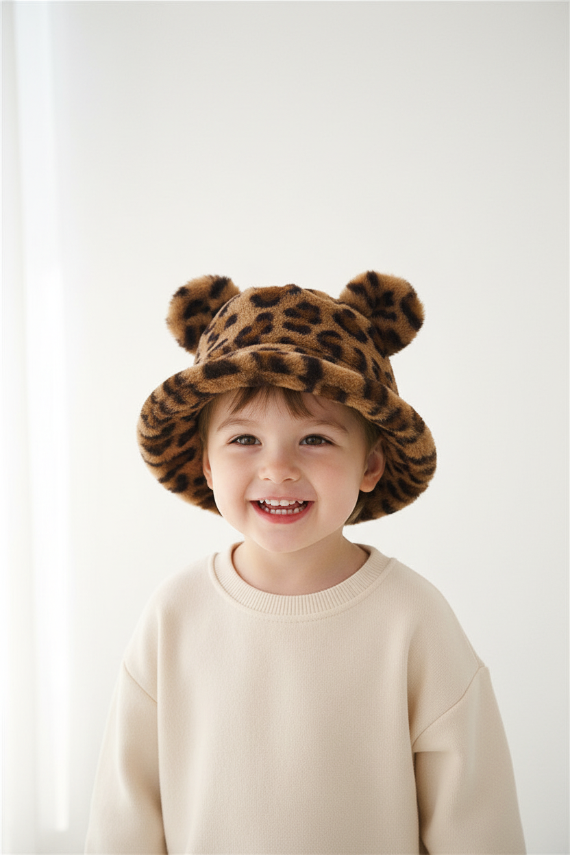 Brooks Kinder-Beanie mit Leopardenmuster und Kunstfell-Ohren – Wintermütze für Kleinkinder