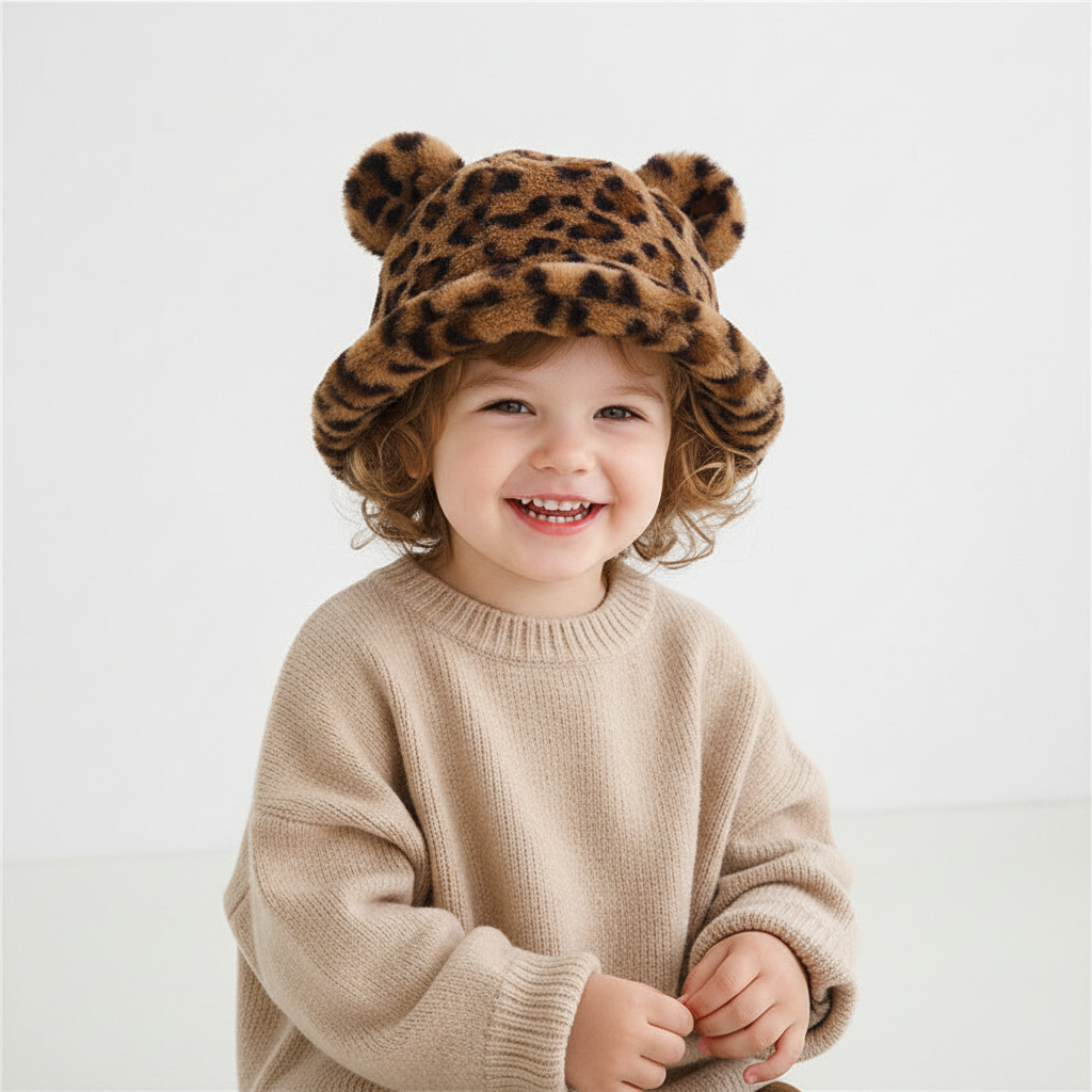 Brooks Kinder-Beanie mit Leopardenmuster und Kunstfell-Ohren – Wintermütze für Kleinkinder