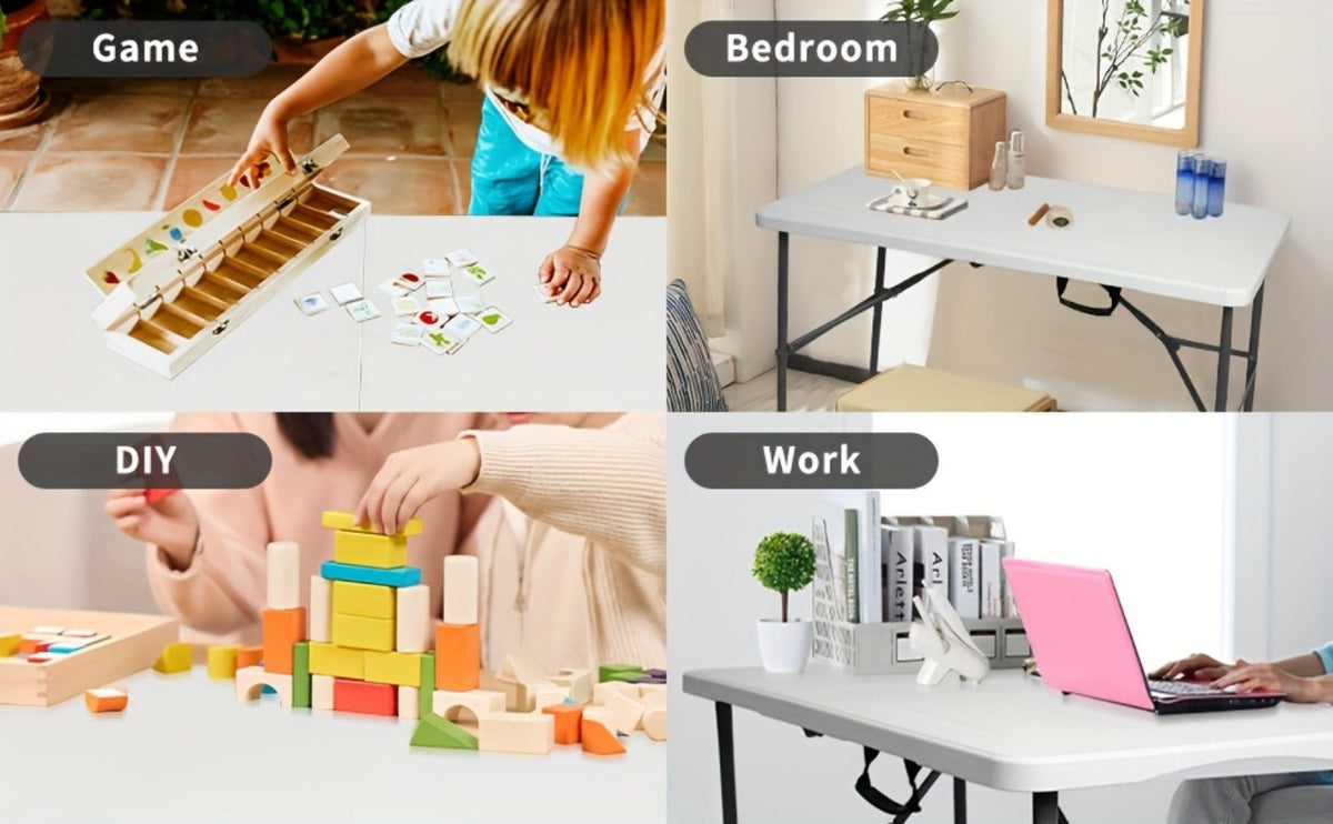 4-Foot Plastic Folding Table with Carry Handle, Space-Saving Utility Table