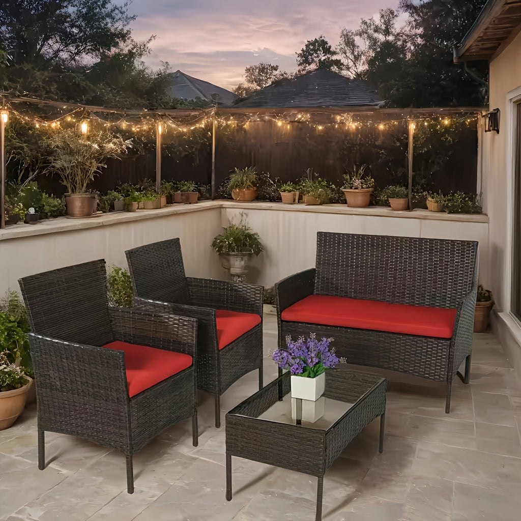 4-Piece Wicker Patio Conversation Set with Side Table and Two Cushions
