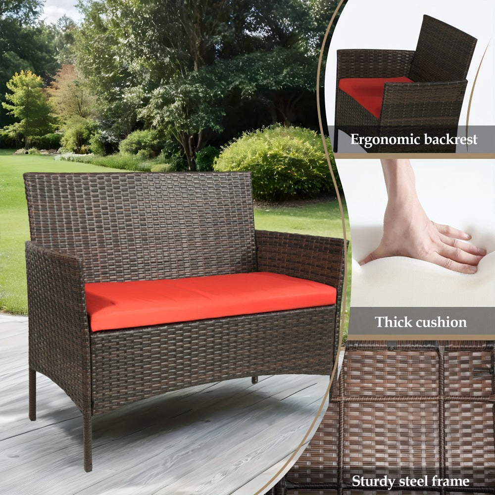 4-Piece Wicker Patio Conversation Set with Side Table and Two Cushions