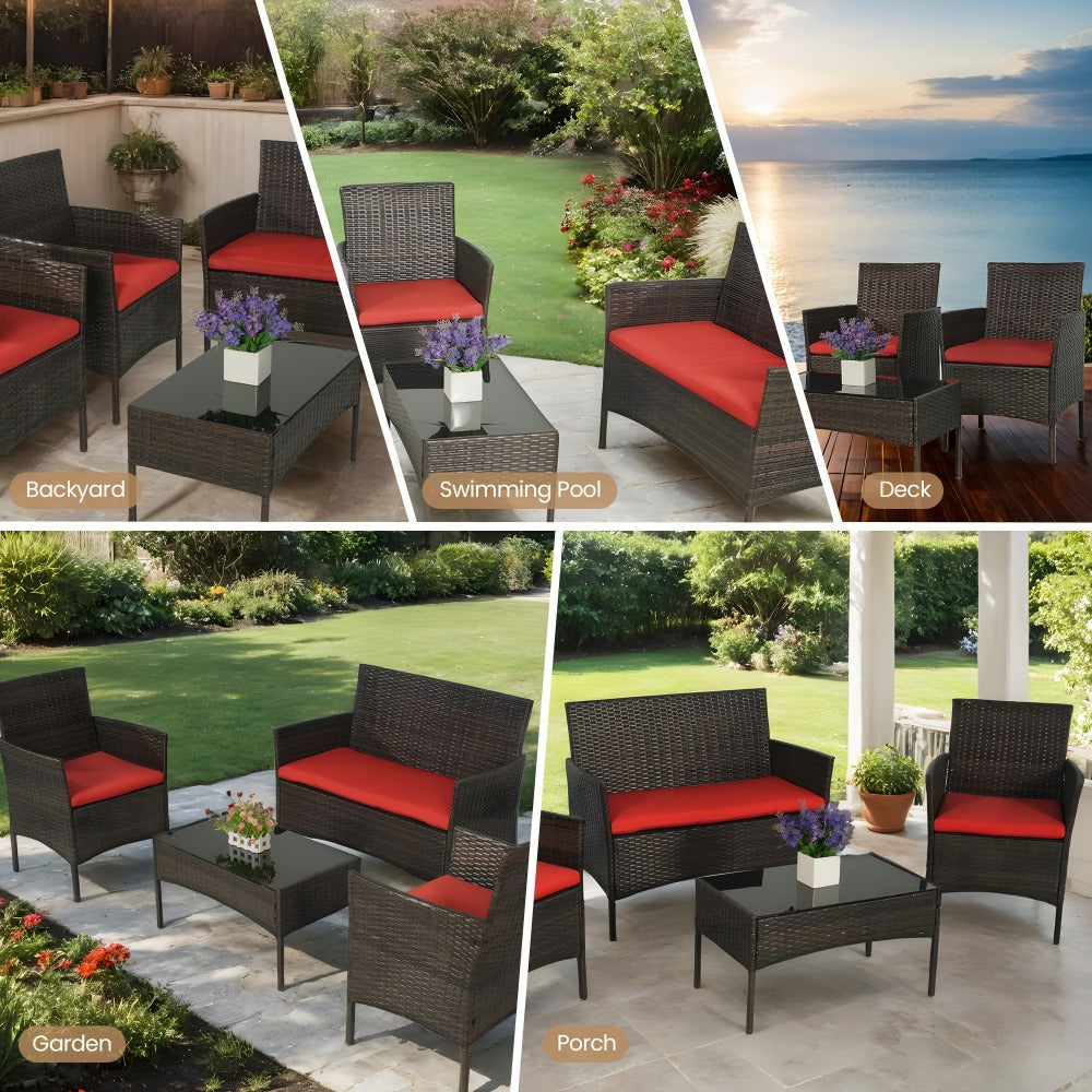 4-Piece Wicker Patio Conversation Set with Side Table and Two Cushions