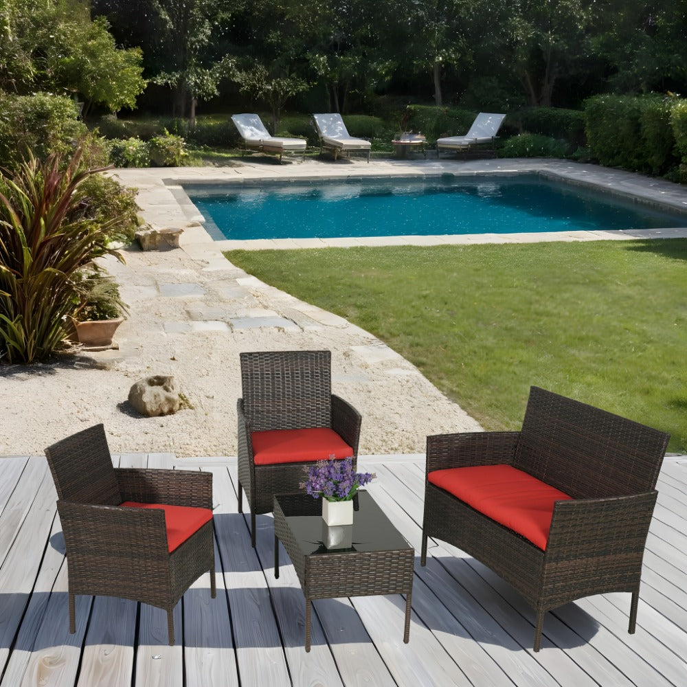 4-Piece Wicker Patio Conversation Set with Side Table and Two Cushions