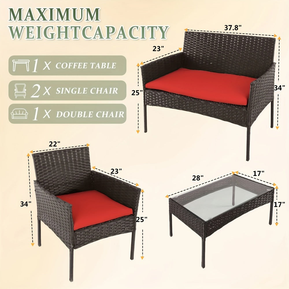 4-Piece Wicker Patio Conversation Set with Side Table and Two Cushions