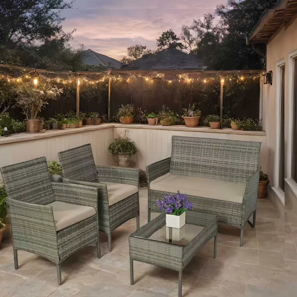 4-Piece Wicker Patio Conversation Set with Side Table and Two Cushions